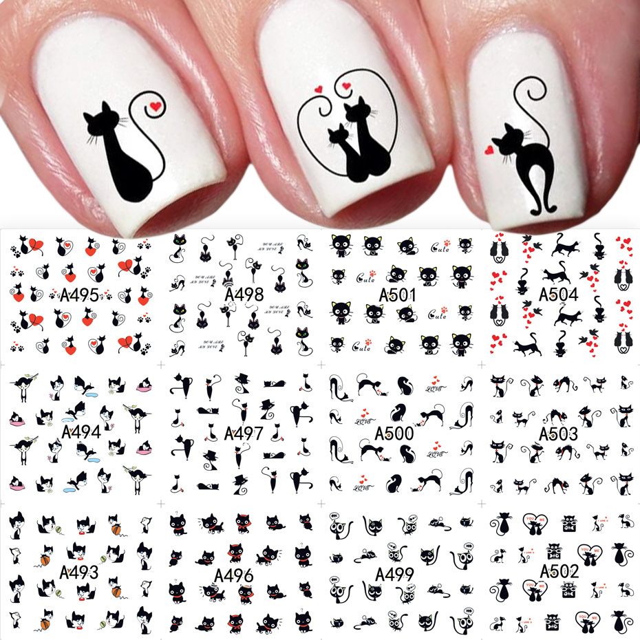 12pcs Black Cat Stickers Nail  - Nail Art Valentines Day 评论和价格
