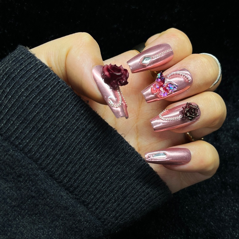 10PCS Rose Gold Press on Nails - Nail Art Burgundy 评论和价格