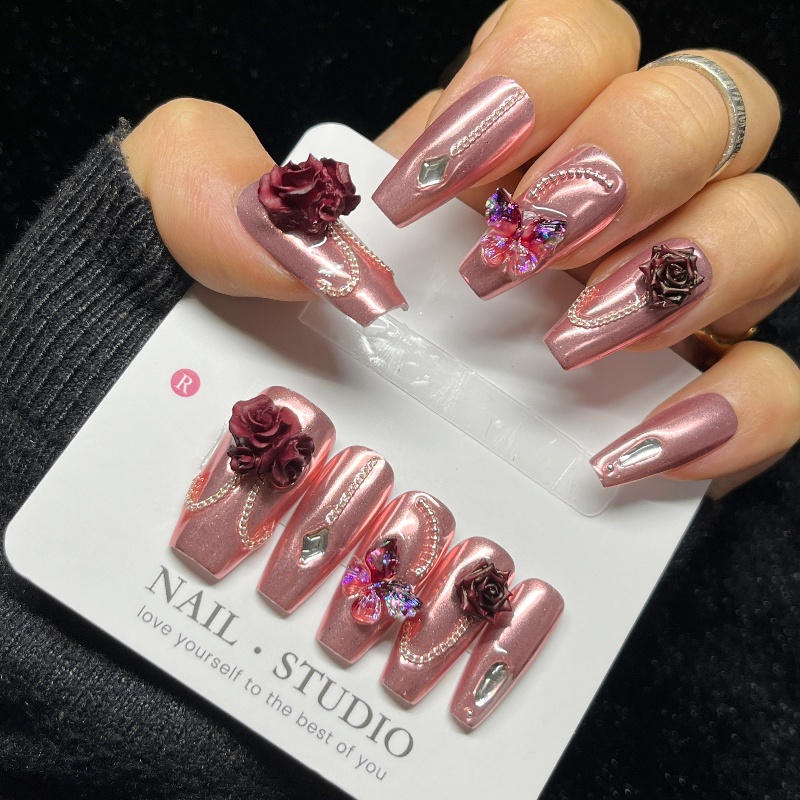10PCS Rose Gold Press on Nails - Nail Art Burgundy 评论和价格