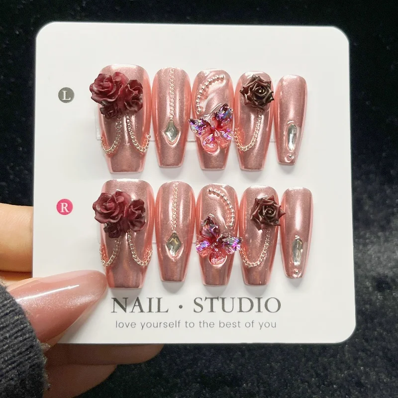 10PCS Rose Gold Press on Nails - Nail Art Burgundy 评论和价格